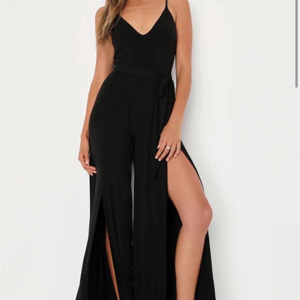 Lulu's Black Wide-Leg Split Palazzo Jumpsuit